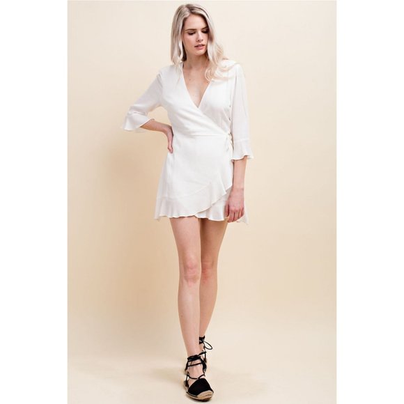 Honey Punch Ruffle Wrap Romper, White - Picture 2 of 4